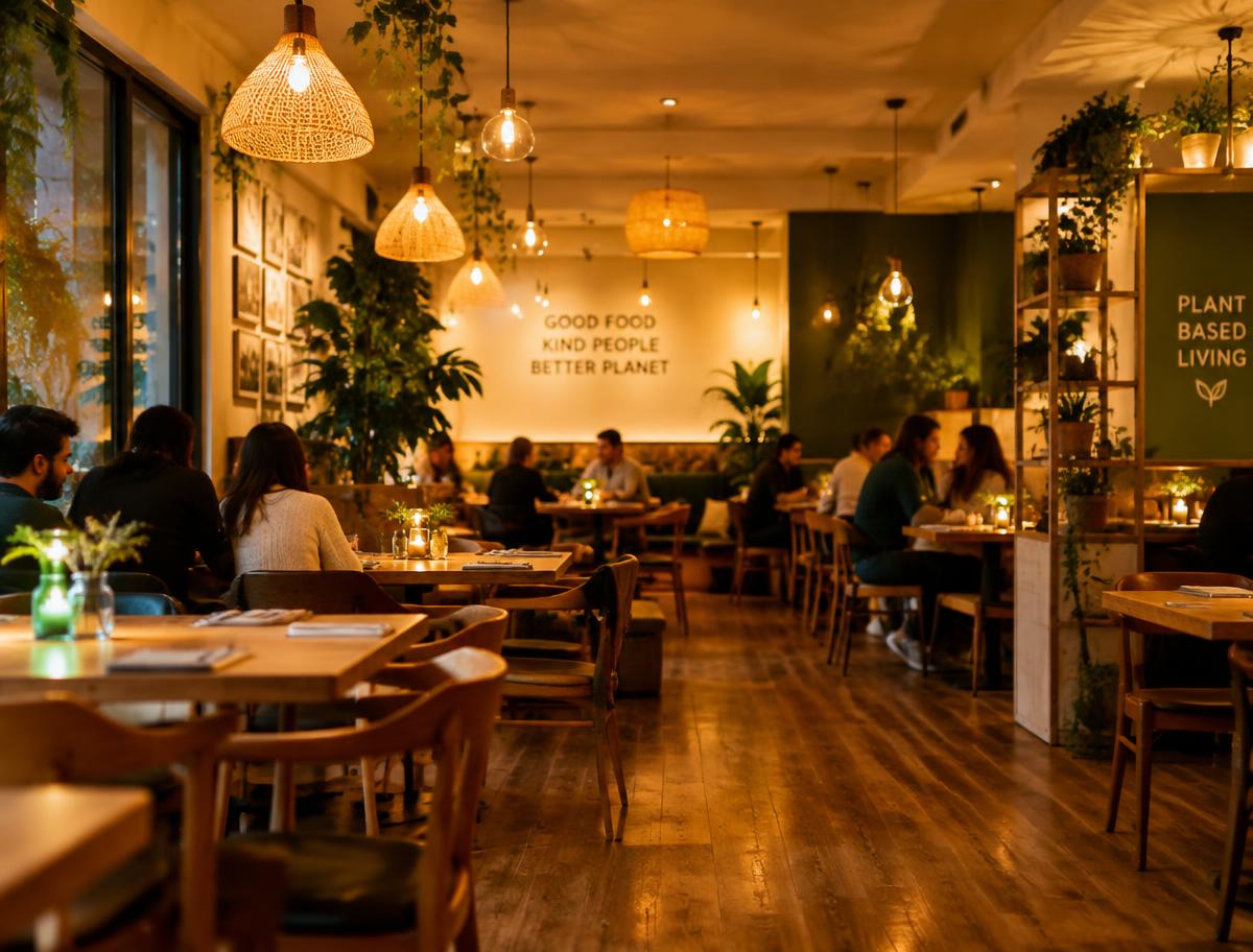 Warm vegetarian restaurant dining room